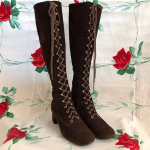 SOLD 60s Lace up Chocolate Brown Suede Knee High Boots